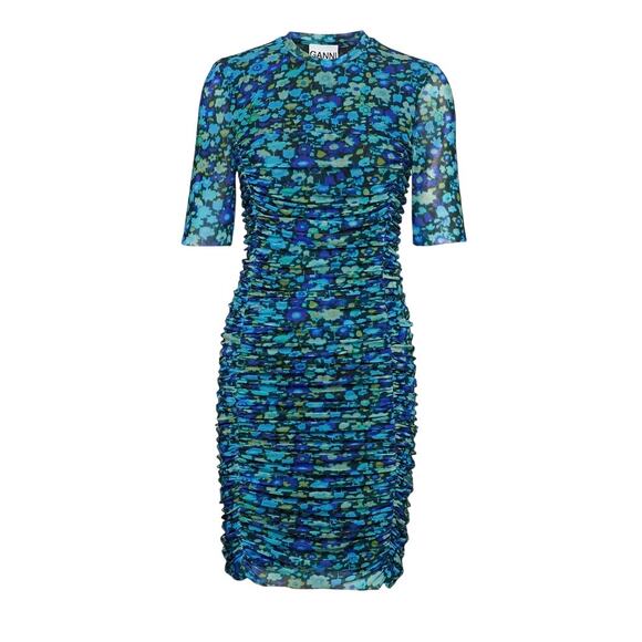 Ganni Azure Blue Floral Ruched Mesh Mini Dress Size Large/42 - Picture 1 of 9